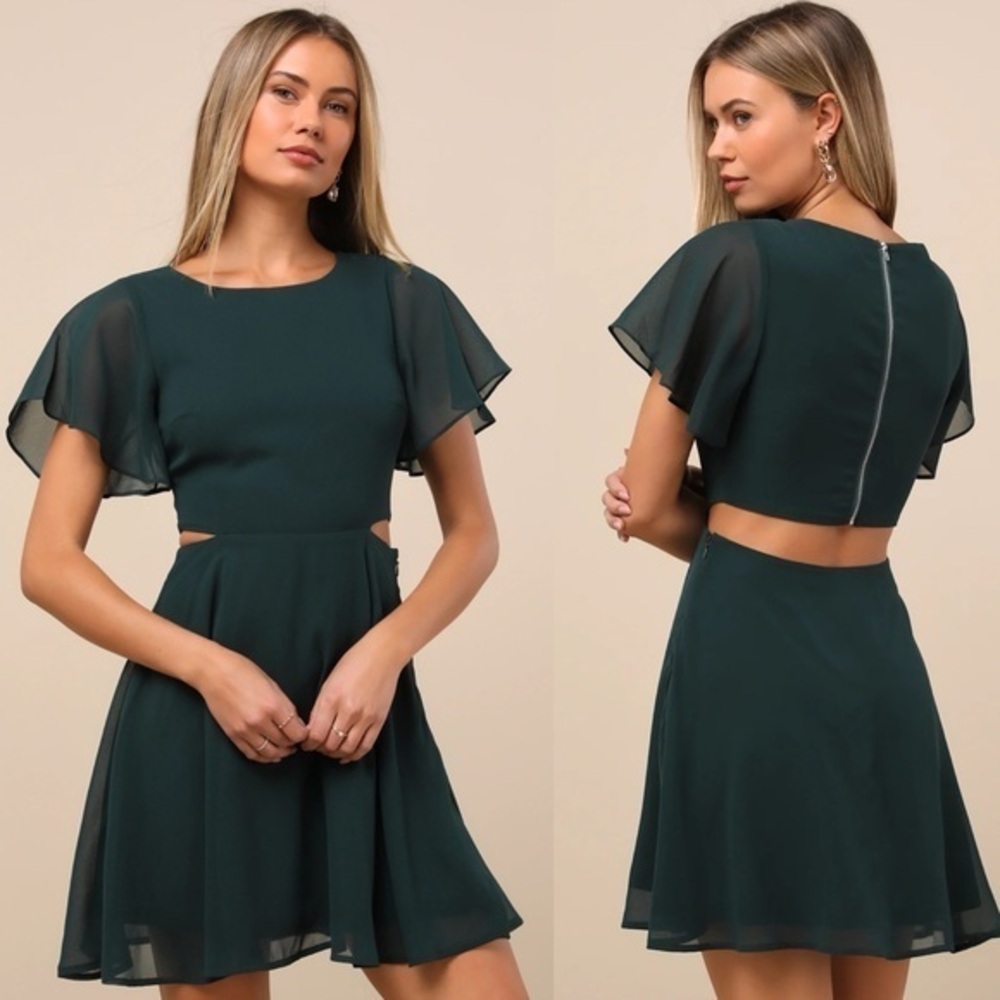 NWT Lulu’s Blissful Love Dark Green Cutout Mini Skater Small Flirty Whimsy Glam - Picture 3 of 9